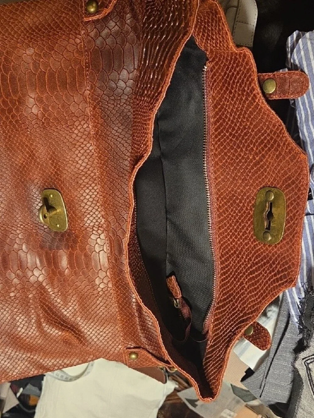 Men's Cognac Textured Leather Messenger Bag with Turn-Lock